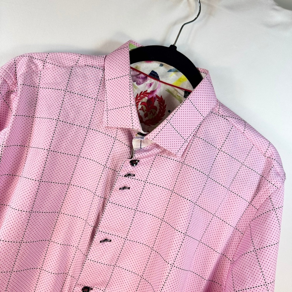 Au Noir Mens Pink Grid Micro Dot Long Sleeve Button Down Shirt Size 4 Large